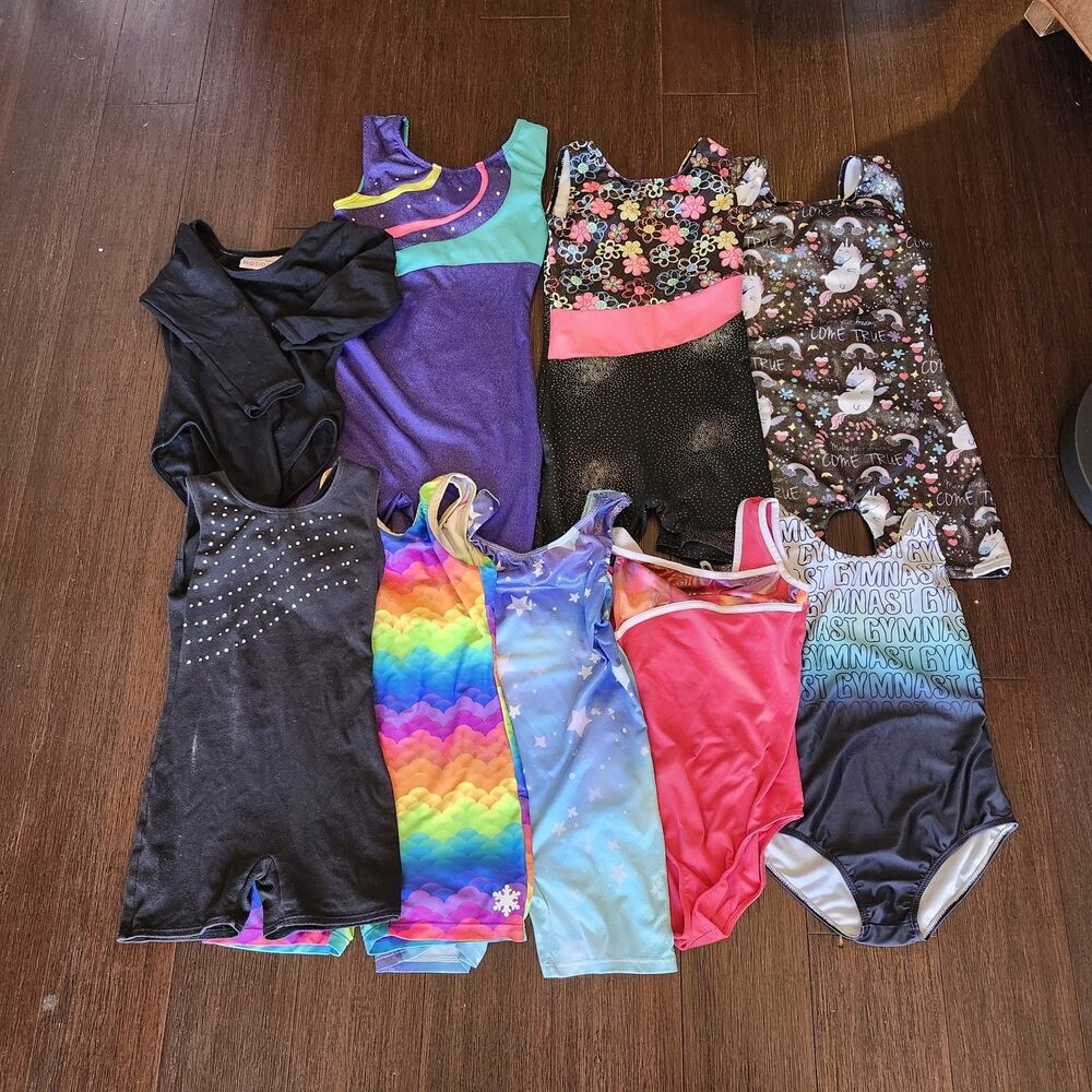 Lot of 9 Girls Gymnastics Leotards Biketards Size Small 7-8 Used GK Elite Dance